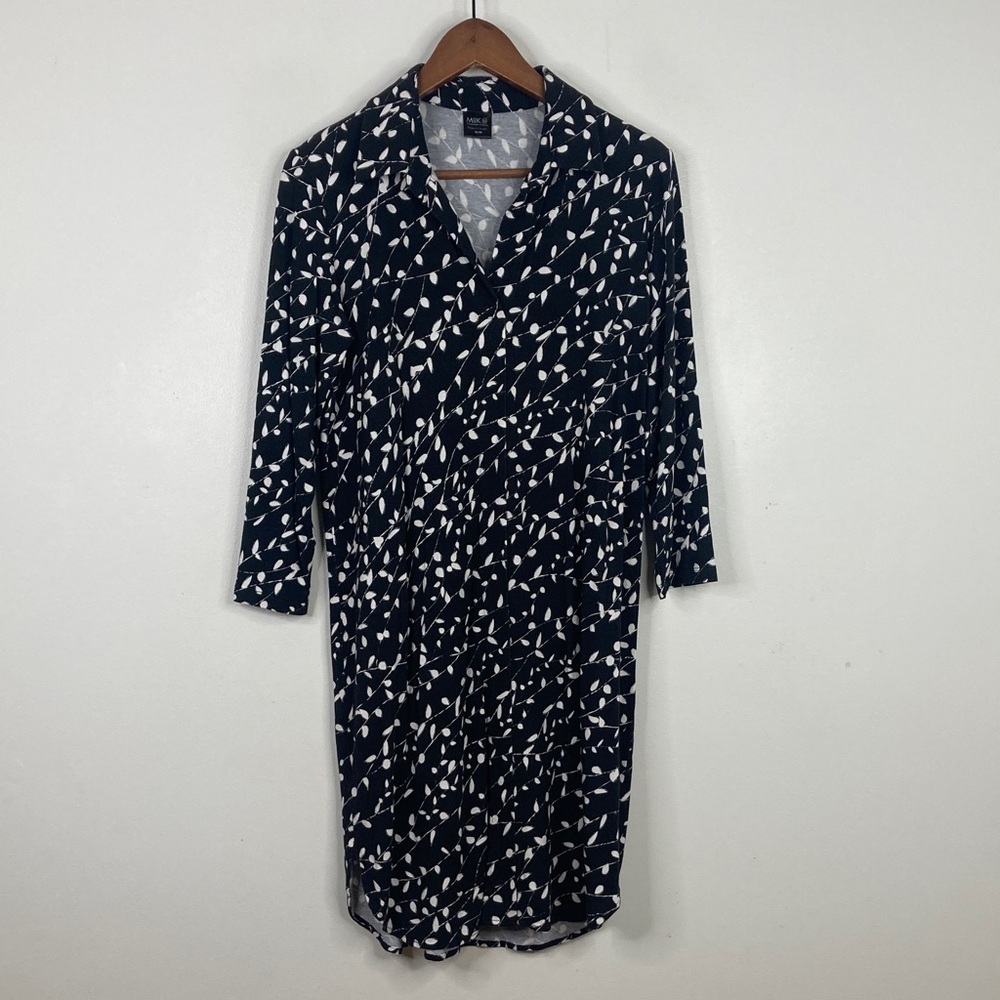 Miik Dress Womens Medium Black White Floral Collared Stretch Jersey Tunic